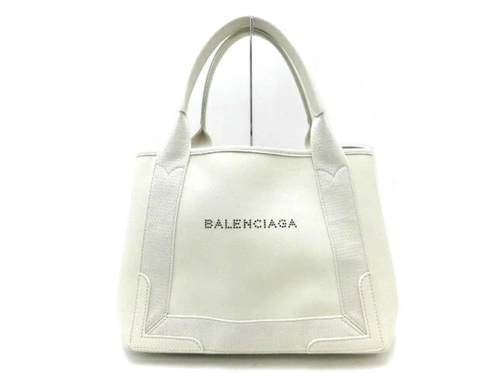 Balenciaga Navy Blue Cabas Perforated Handbag Lambskin White
